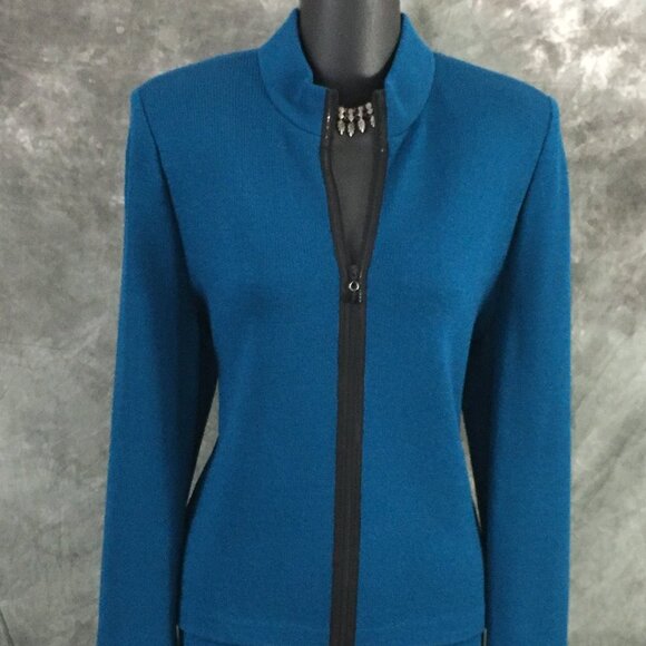 BEAUTIFUL St John collection knit turquoise black jacket skirt suit size 8 10 - Picture 3 of 10